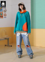 Color Block Print Elastic Rope Pile Collar Pure Cotton Sweatshirt