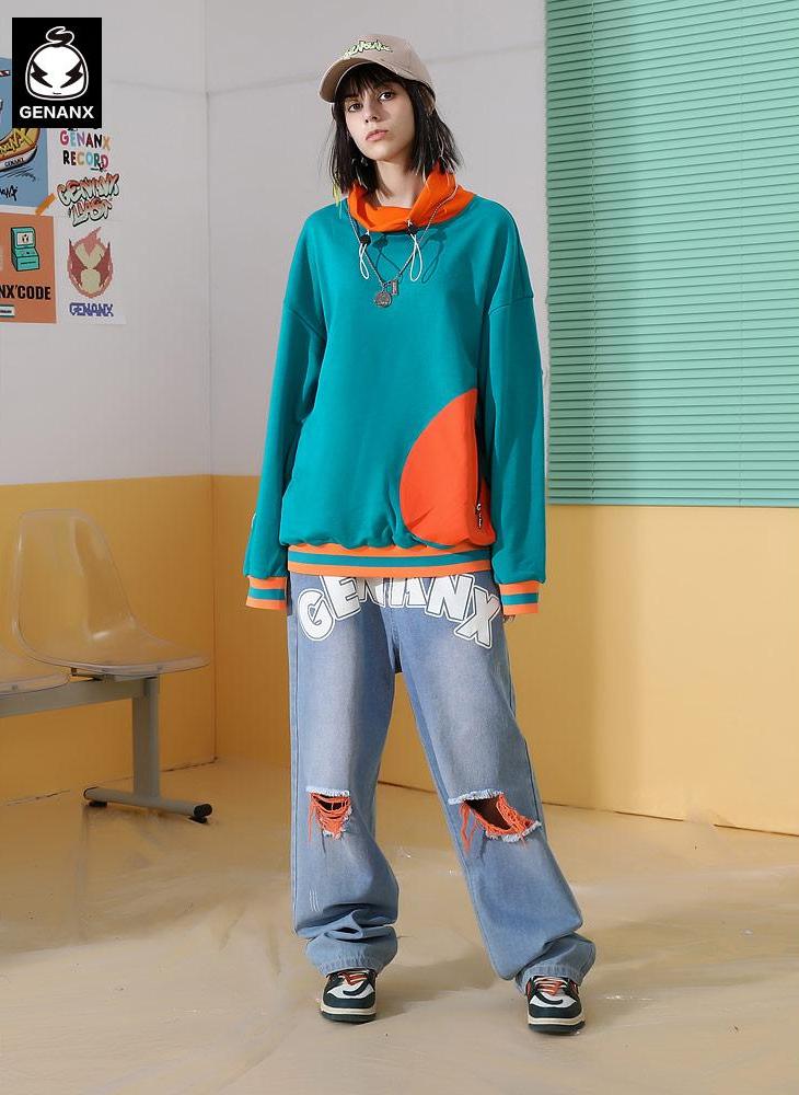 Color Block Print Elastic Rope Pile Collar Pure Cotton Sweatshirt