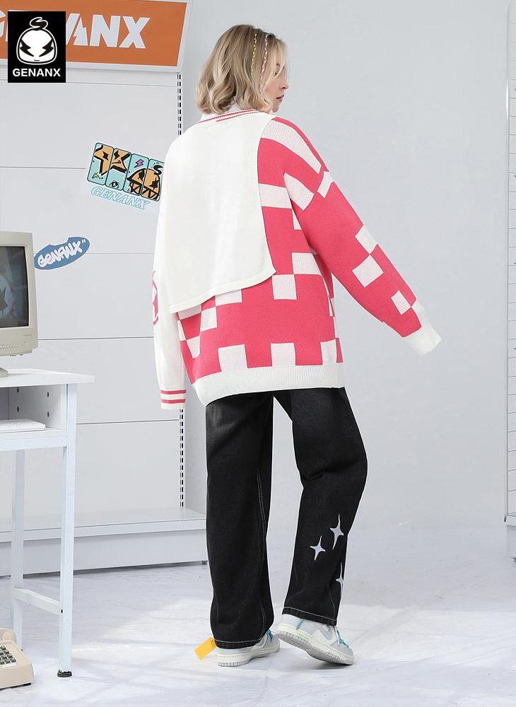 Color Block Fake Two Piece Plaid Jacquard V-Neck Sweater