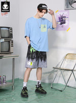 Gradient Graffiti Letter Print Label Straight Shorts