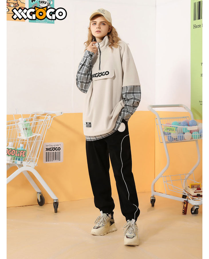 Plaid letter Embroidery Fake Two-Piece Sweatshirt