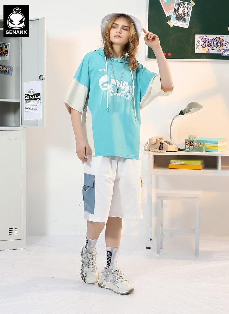 Contrast Color Spliced Letter Print T-Shirt With Hooded
