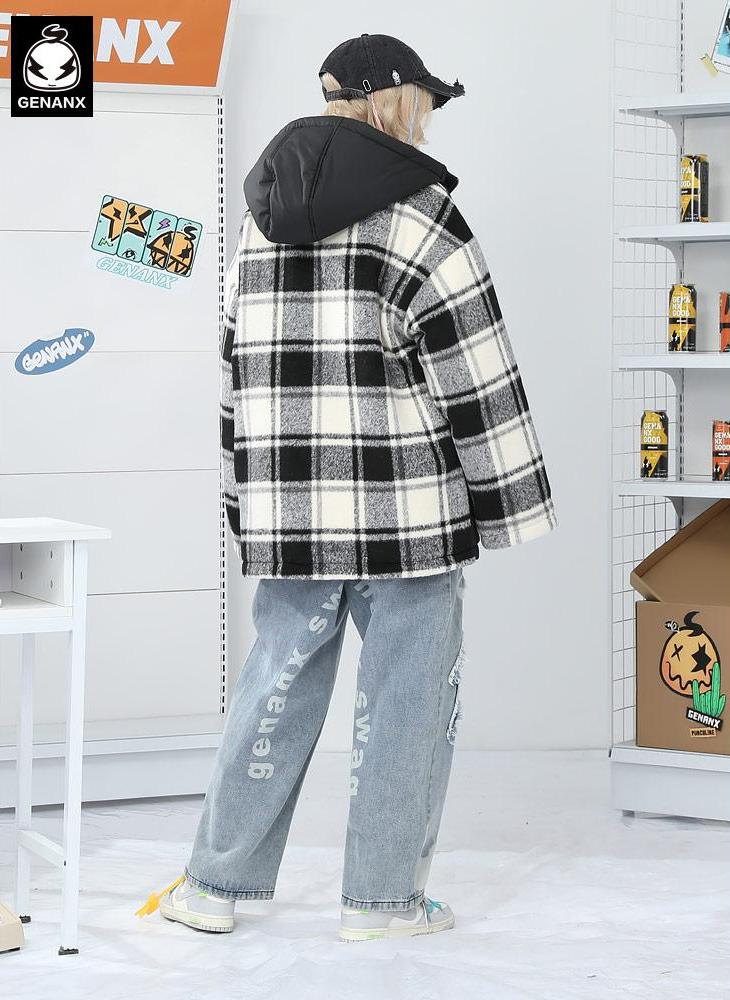 Color Block Checkerboard Hooded Padded Coat