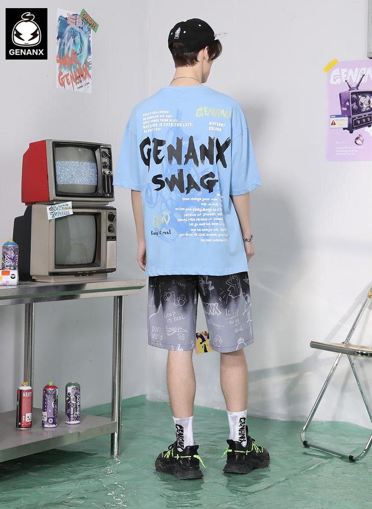 Gradient Graffiti Letter Print Label Straight Shorts