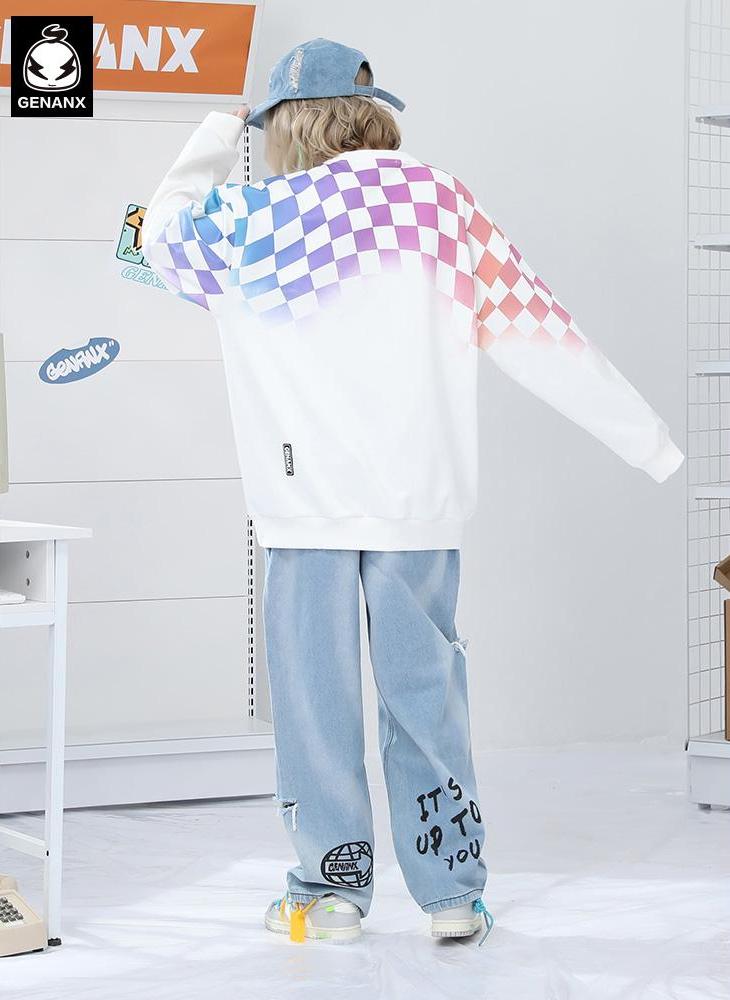 Hip Hop Plaid Color Block Space Cotton Sweatshirt