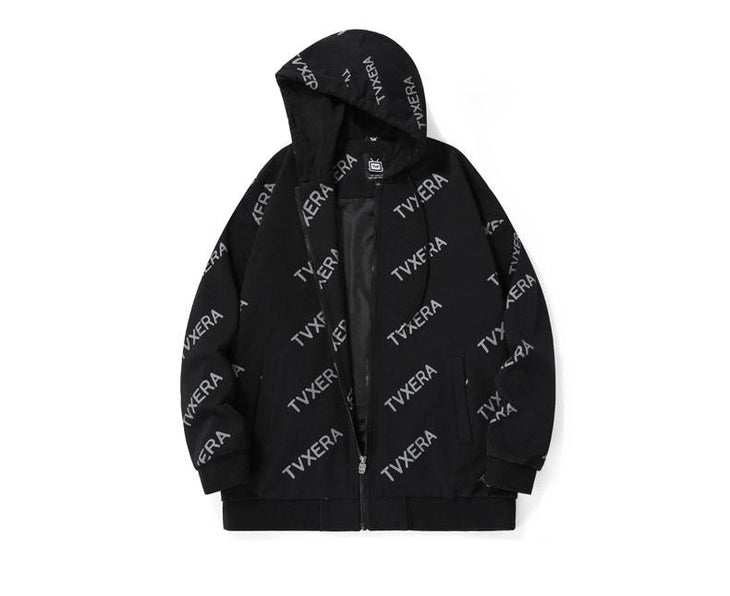 Casual Black Full Print Hooded Jacket