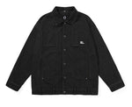 Workwear Print Labeled Fun Pocket Button Washed Black Denim Jacket