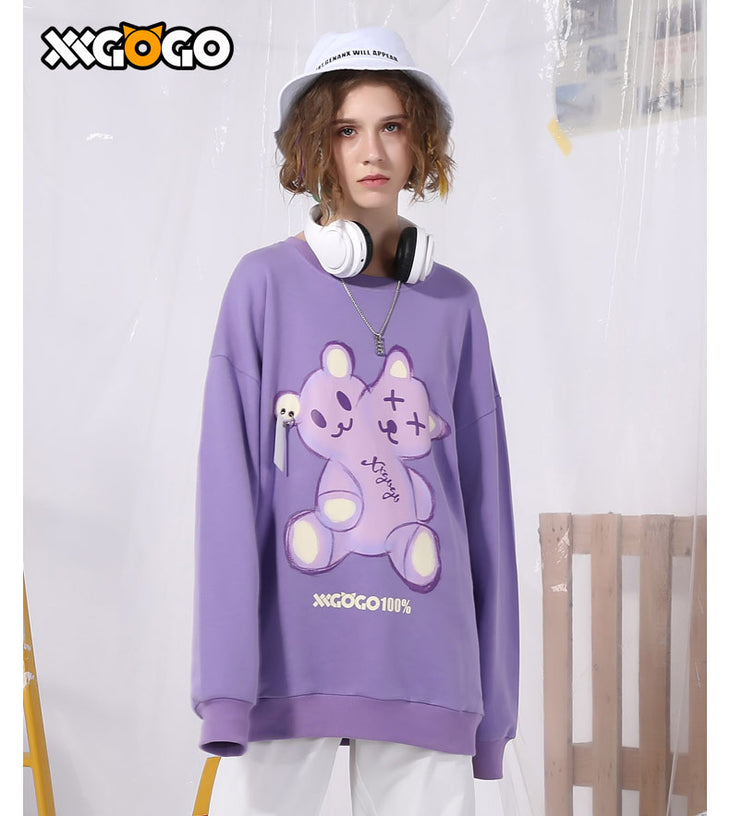 Cartoon Bear Print Loose Basic Sweatshirt