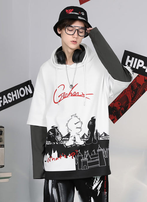 White Hip Hop Fake Two Piece Print Pullover Hoodies