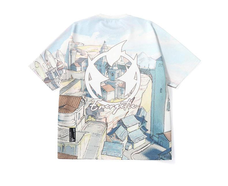 Oil Painting Style Fairy Tale Town Print Space Cotton T-Shirt
