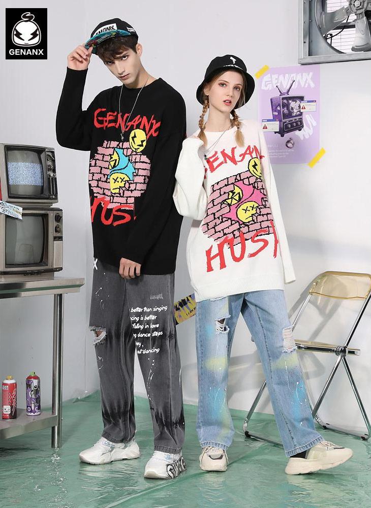 Letter Graffiti Print Pullover Couple Sweater