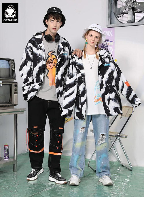 Zebra-Print 3D Patch Pocket Cuff Sleeves Couple Hooded Jacket