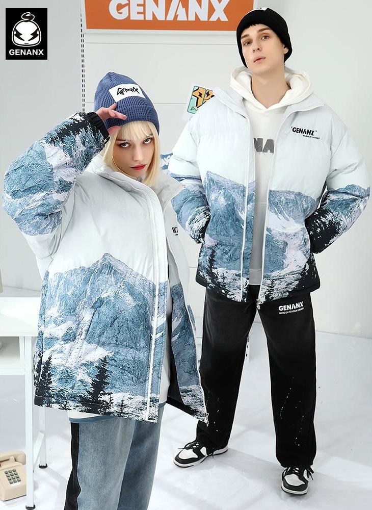 Snow Mountain Print Drop-Shoulder Sleeve Padded Coat