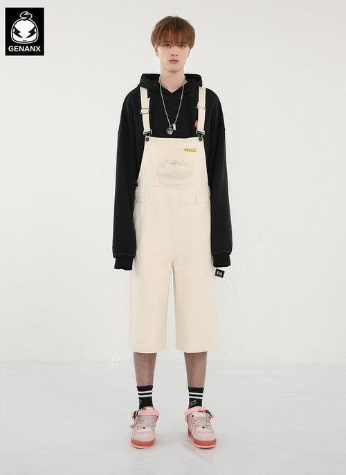 Solid Label Drawstring Pocket Cotton Overall Shorts