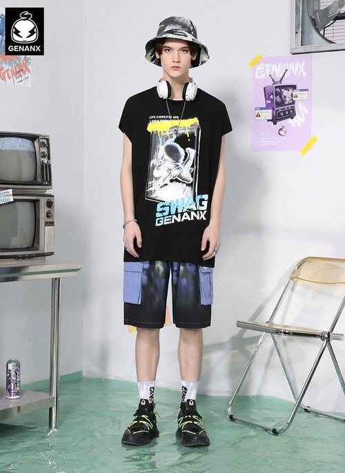 Cyberpunk Cartoon Kick Print Loose Sleeveless T-Shirt