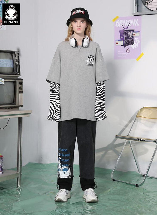 Gray Fake Two Piece Zebra Print Sweatshirt