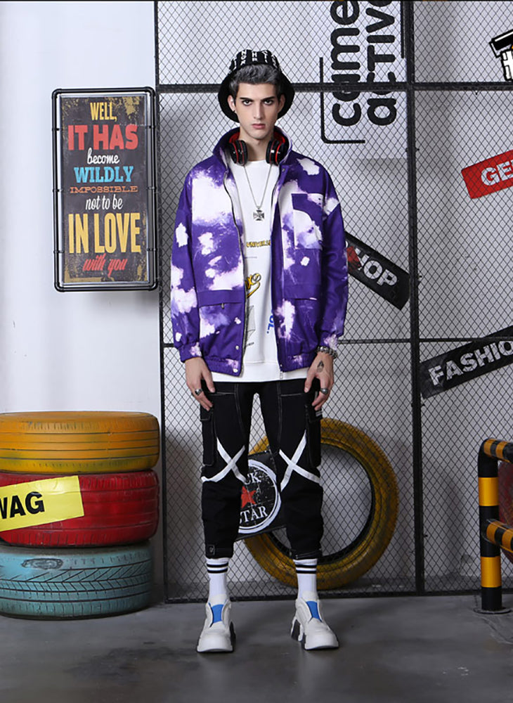 Purple And White Tie-Dye Printed Stand Collar Jacket