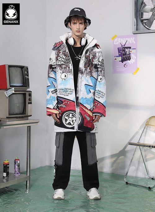 Graffiti Print Padded Coat With Removable Hat