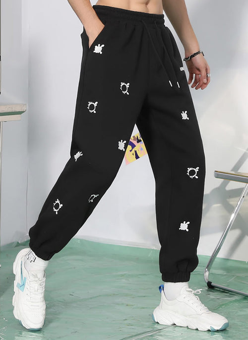 Embroidery Drawstring Elastic Waist Loose Sporty Pants