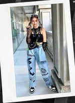 Street Style Contrast Color Letter Print Straight Jeans