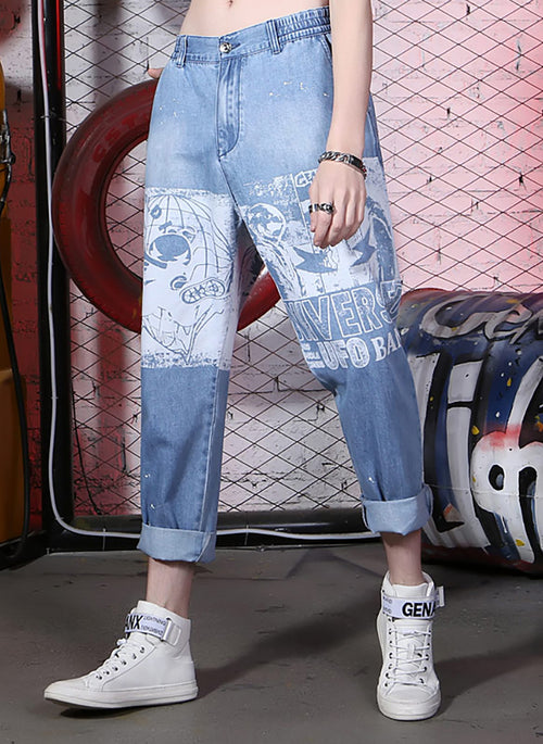 Hip Pop Portrait Print Loose Harem Denim Jeans