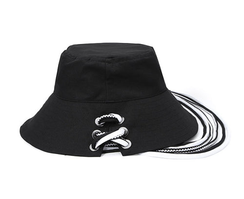 Black Drawstring Letter Print Bucket Hat