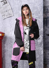 Color Block Patchwork Printed Denim Hooded Trench Coat