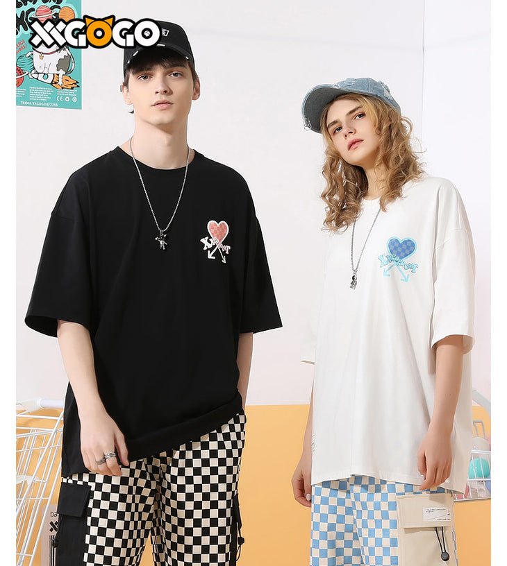 Checkerboard Heart Print Couple T-Shirt