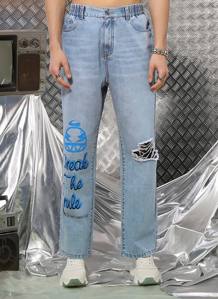 Blue Hip Hop Ripped Cartoon Print Denim Jeans