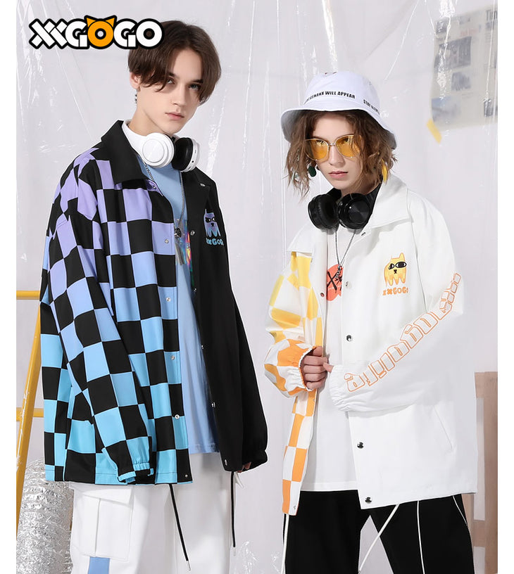 Gradient Checkerboard Cat Print Couple Jacket
