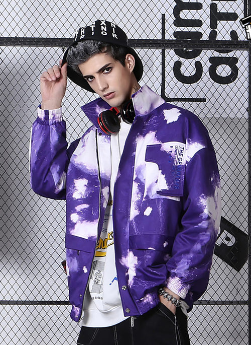 Purple And White Tie-Dye Printed Stand Collar Jacket