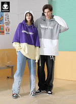 Fake Two-Piece Contrasting Layered Stitching Letter Print Elastic Rope Hooded Sweatshirt