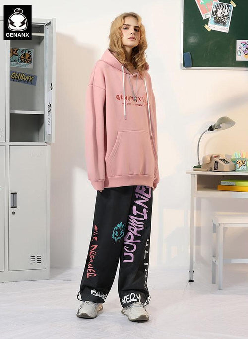 Letter Print Stretch Rope Jogger Casual Pants