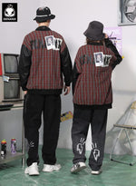Paneled Plaid Print Patch Baseball Collar Couple Jacket