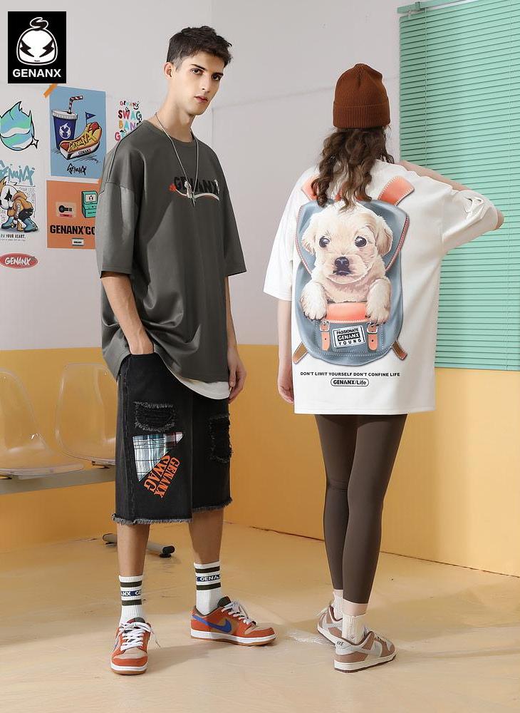 Fun Backpack Pet Dog Print Drop Shoulder Sleeve Space Cotton T-Shirt