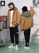 Brown Letter Embroidery Leopard Hooded Padded Coat