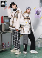 Plaid Color Block Letter Embroidered Fleece Couple Jacket