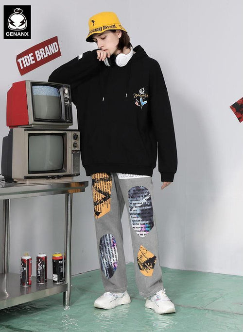 Gray Hip Hop Patchwork Straight Jeans