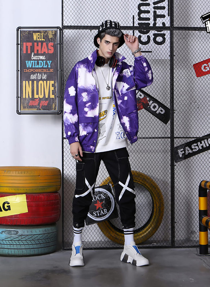 Purple And White Tie-Dye Printed Stand Collar Jacket