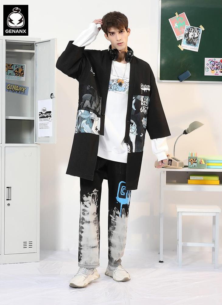 Black Comic Style Print Patchwork Trench Coat