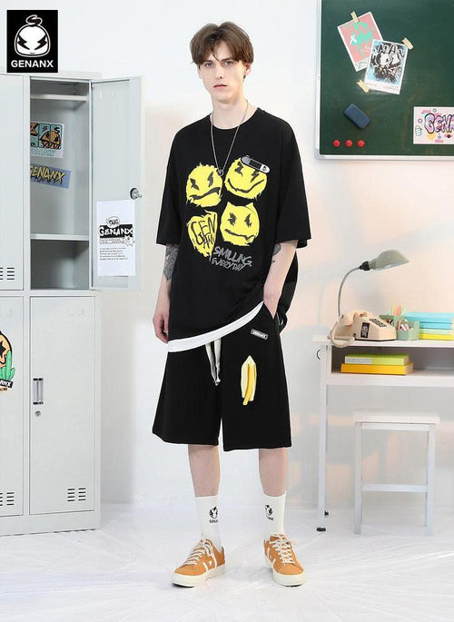 Funny Banana Print Logo Label Drawstring Loose Shorts