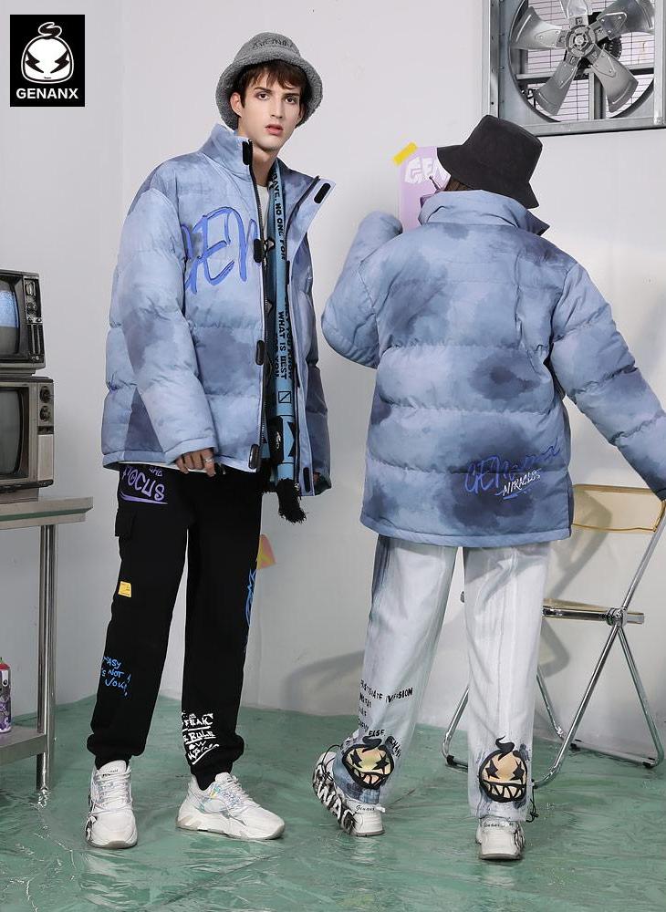 Tie Dye Letter Print Stand Collar Padded Coat