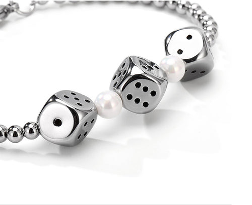 Silver Color Block Round Beads Adjustable Bracelet
