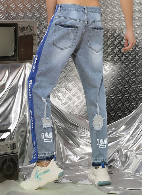 Light Blue Hip Hop Ripped Patchwork Denim Jeans
