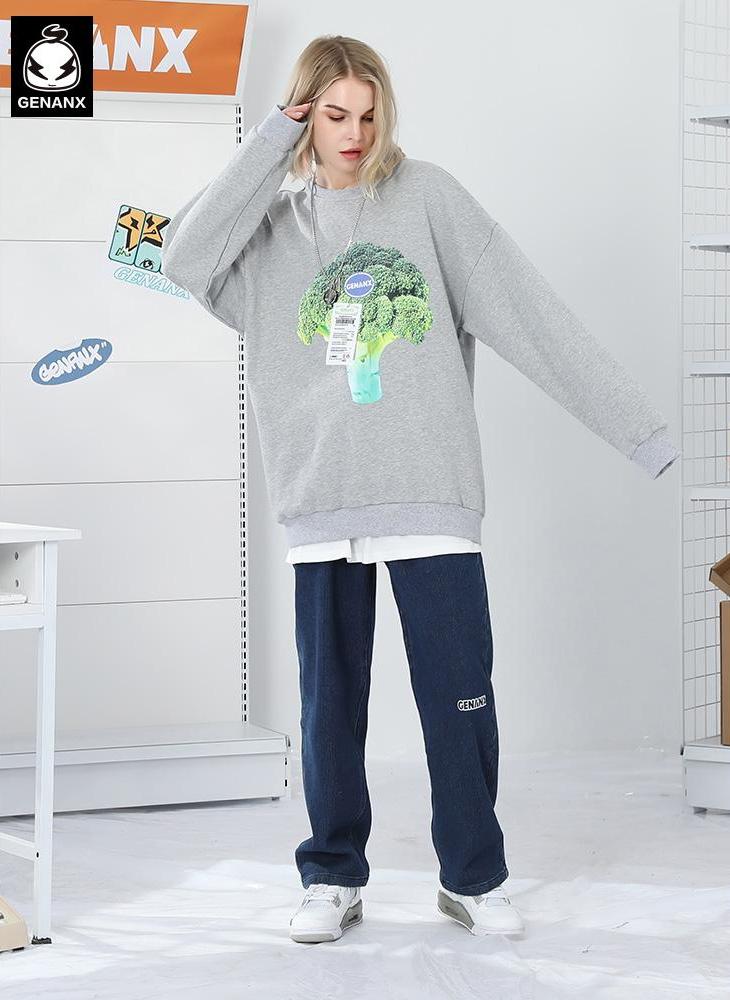 Contrast Color Broccoli Print Craw Neck Sweatshirt