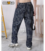 Irregular Plaid Jacquard Jeans With Detachable Strap