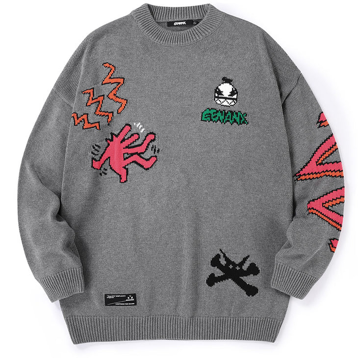 Gray Cartoon Jacquard Crew Neck Pullover Sweater