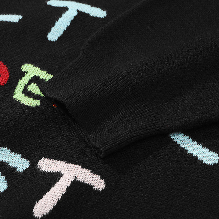 Black Letter Print Crew Neck Drop-Shoulder Sleeve Sweater