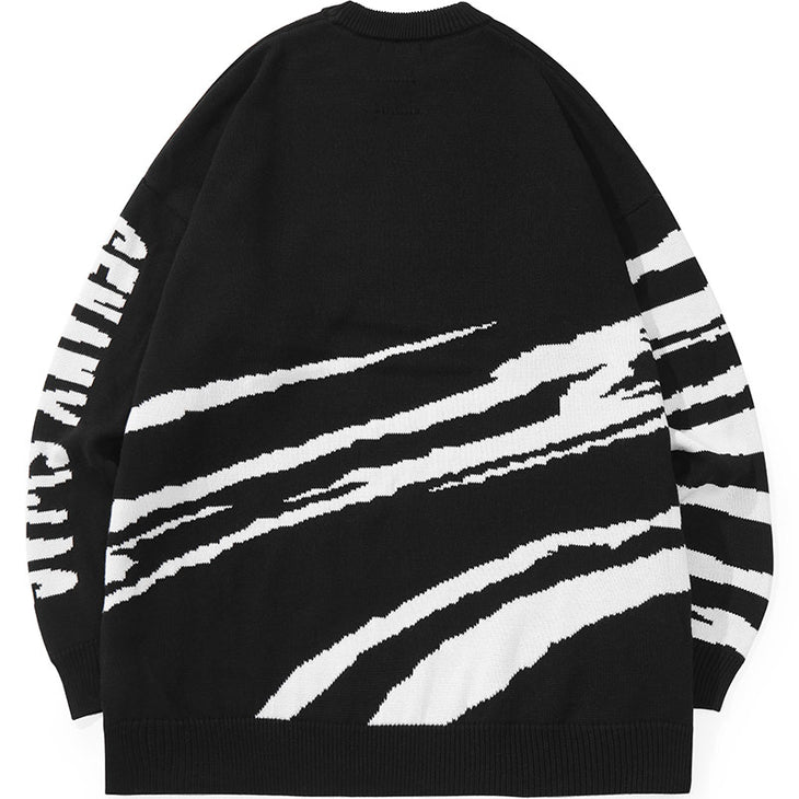 Cartoon Jacquard Zebra Print Drop-Shoulder Sleeve Sweater