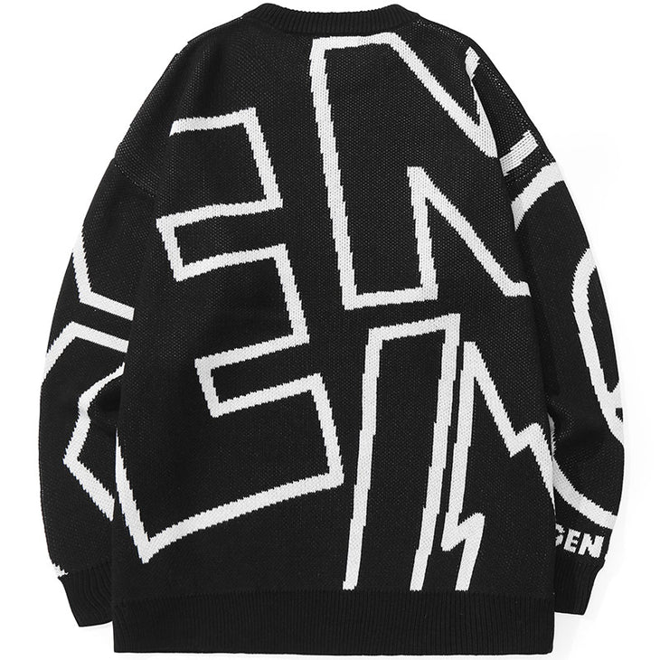 Plain Geometric Jacquard Loose Sweater